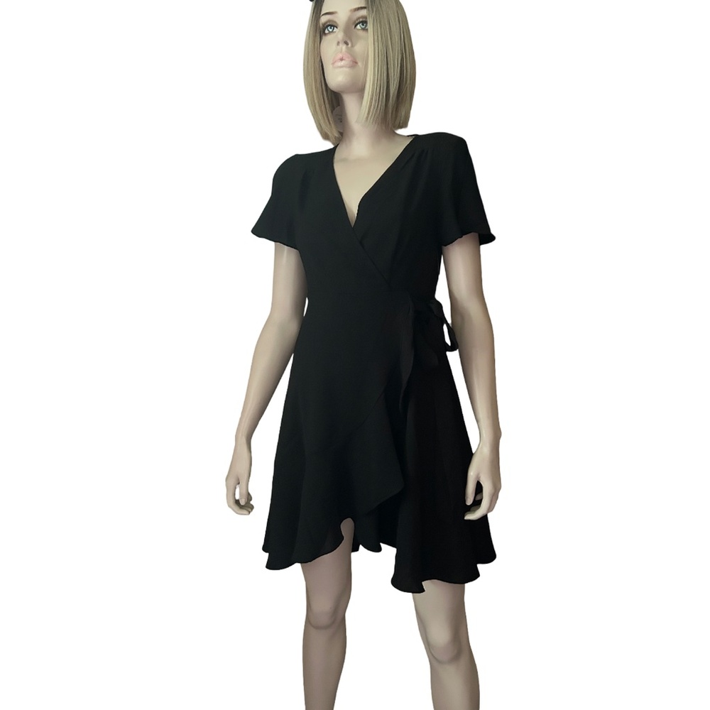 ALTAR'D STATE Black Dress Faux Wrap Cold Shoulder Fit Flare Asymmetrical V-Neck